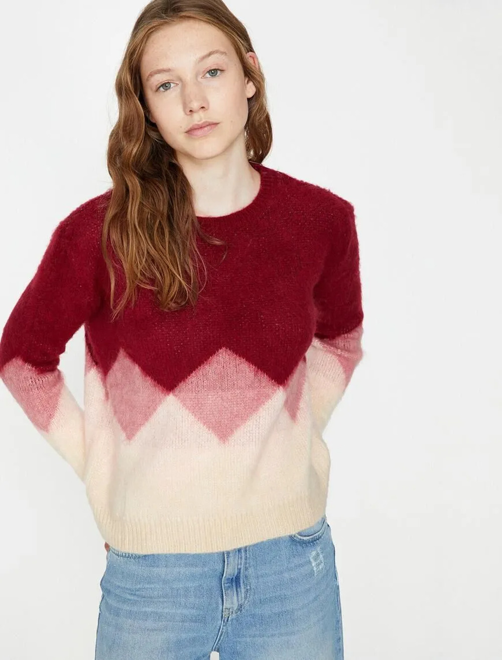 Sézane Leopold Crew Neck Pullover Women's Small Pink Argyle Wool Blend